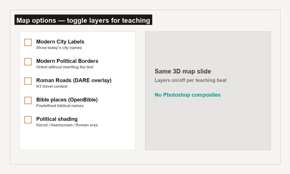 Map options — turn teaching layers on or off for the same 3D map.