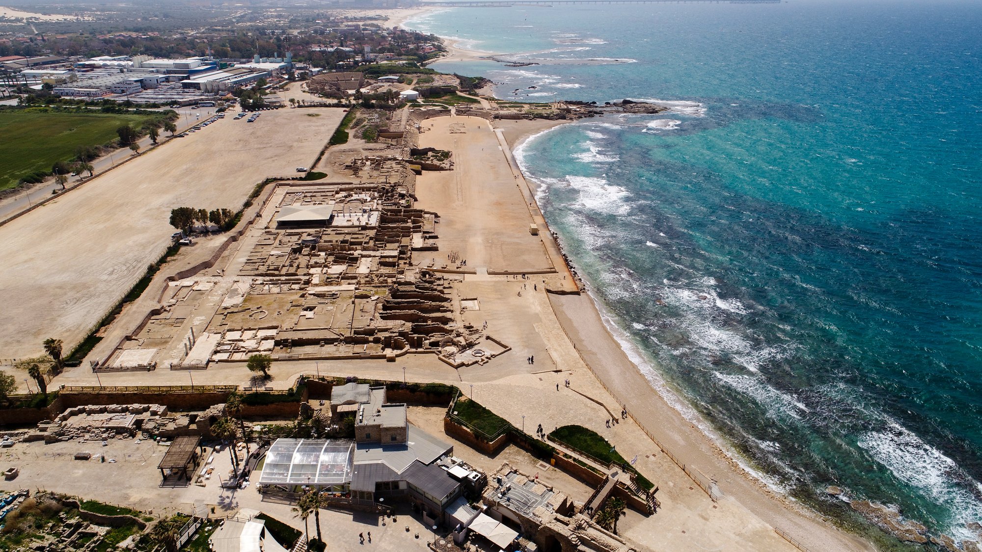 Caesarea excavations and hippodrome aerial — site-specific BiblePlaces photography for Acts teaching.