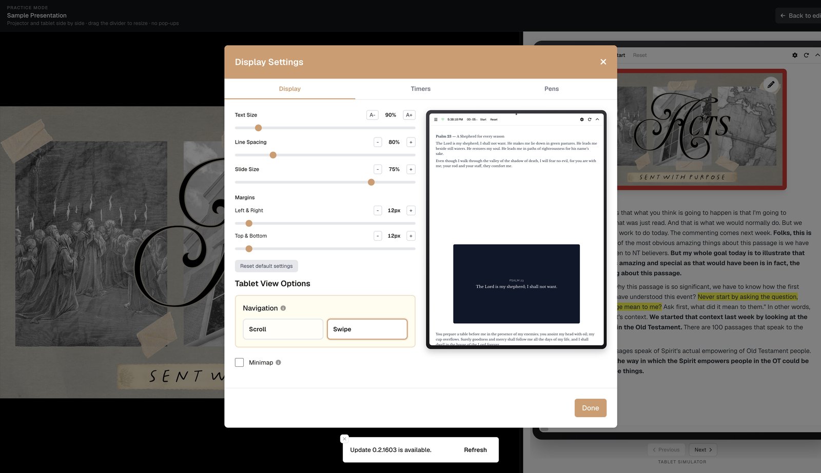 Display Settings — lock text size and layout before people arrive.