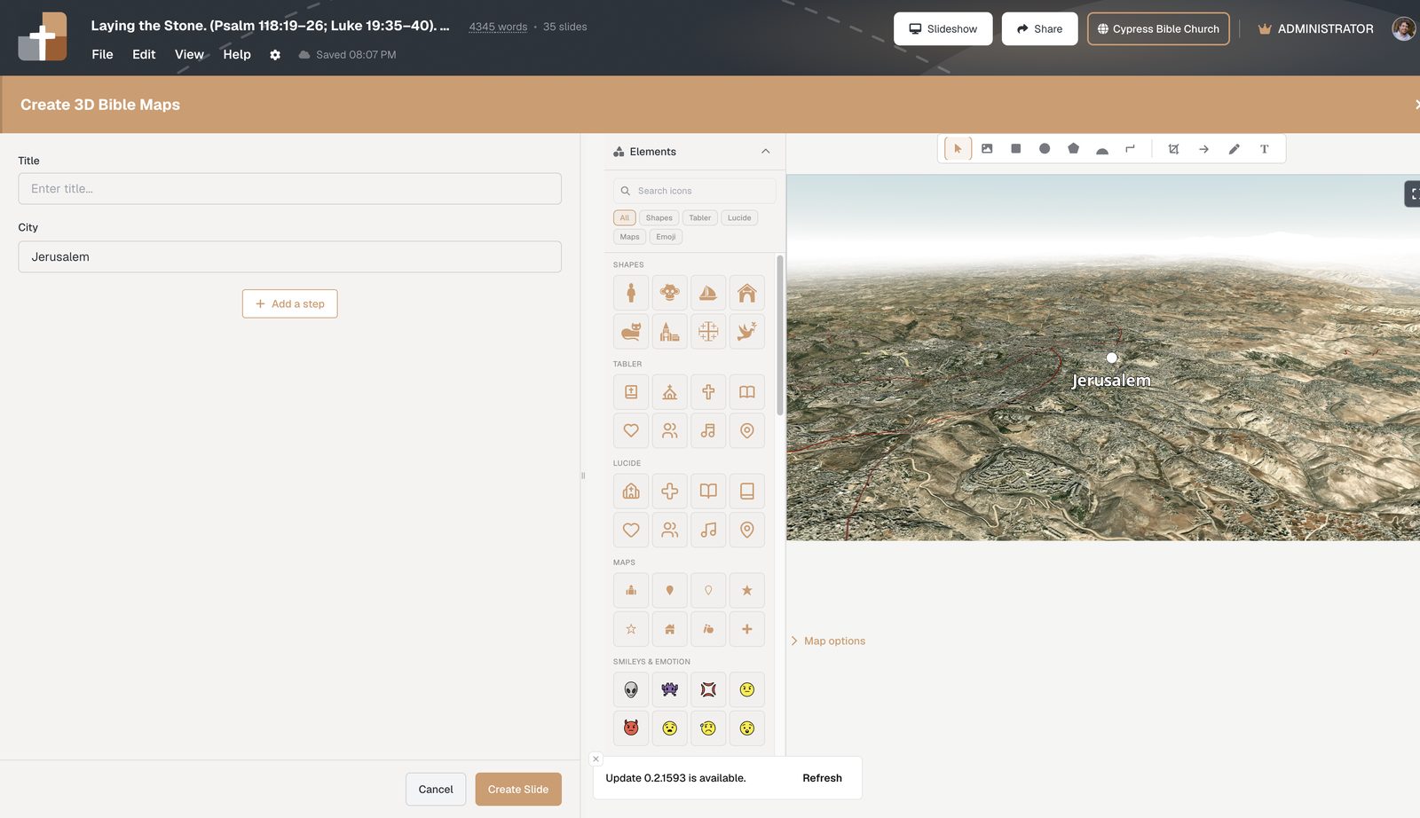 Create 3D Bible Maps workspace — biblical city field, Elements library, and live 3D Jerusalem preview.