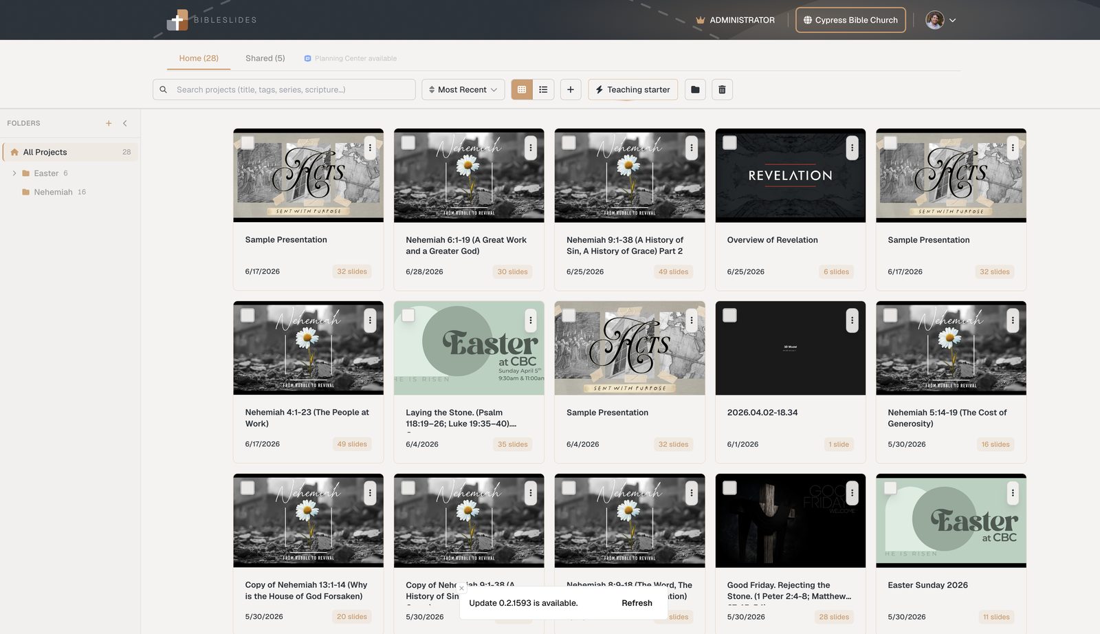 Cloud projects grid — open the deck you finished, with dates and slide counts, instead of hunting USB sticks.