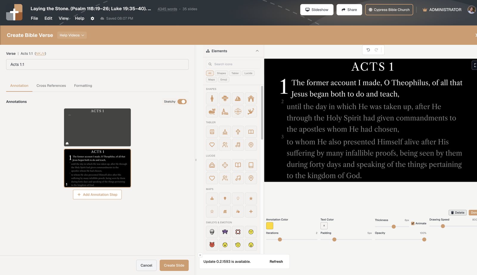 Create Bible Verse in light mode — Annotation tab, step thumbnails, and live preview.