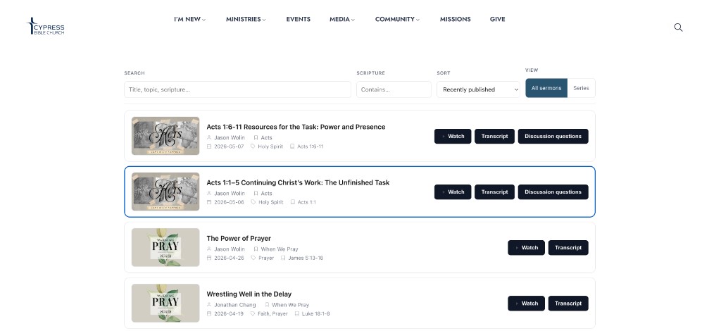 Campus embed on a church media page — sermon cards with search, scripture filters, and action buttons