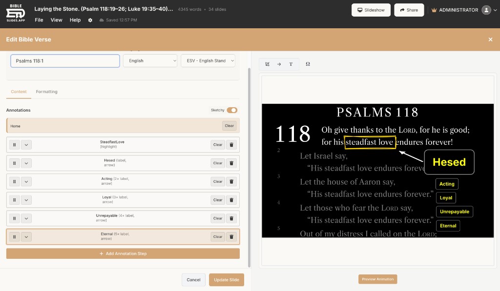 Stepped annotations list — each teaching beat is a reorderable step, not freehand ink.